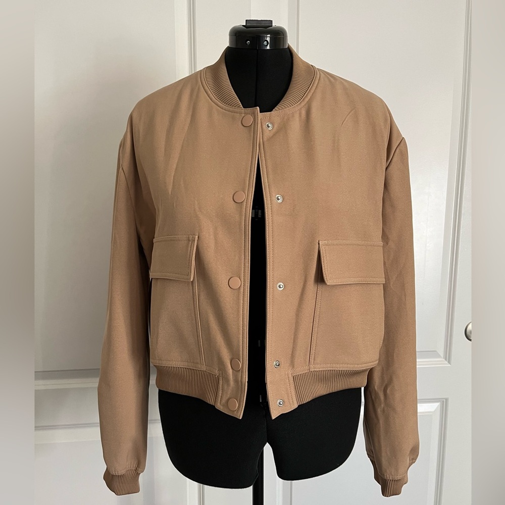 Beige Cropped Bomber Jacket